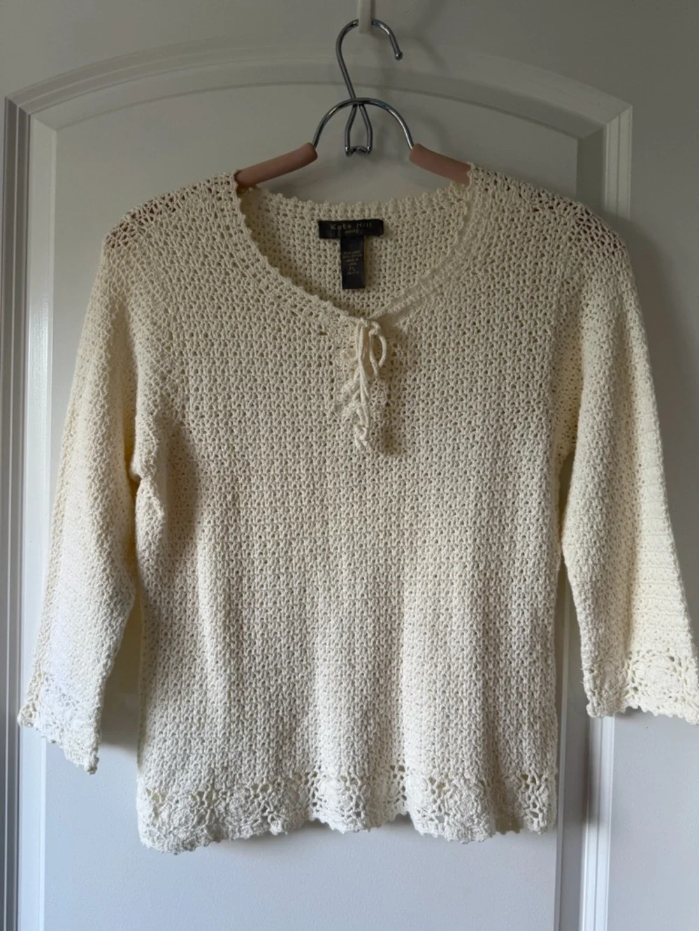Vintage Kate Hill Whimsical Ren Faire Crochet Knit Tie-Front Linen/Cotton Top